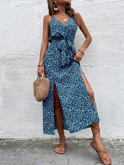 VCAY Ditsy Floral Print Slit Hem Belted Cami Dress