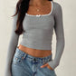 Sexy Lace Gray Square Collar Knitwear Top With Long Sleeves, Slim Fit