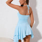 PARTHEA Ruched Asymmetrical Hem Tie Backless Ruched Halter Dress