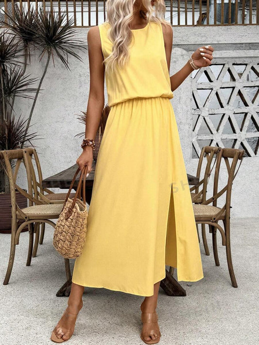 LUNE Sleeveless Round Neck Solid Color Casual/Work Women's Dress With Cinched Waist  And Front Slit