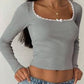 Sexy Lace Gray Square Collar Knitwear Top With Long Sleeves, Slim Fit