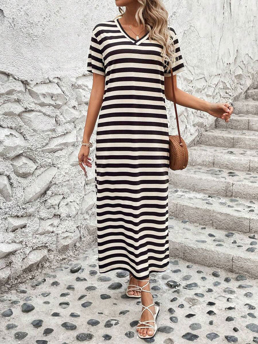 LUNE Digitally Printed Striped V-Neck Long Dress With Two Side Slits