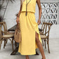 LUNE Sleeveless Round Neck Solid Color Casual/Work Women's Dress With Cinched Waist  And Front Slit