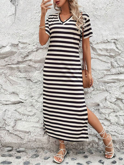 LUNE Digitally Printed Striped V-Neck Long Dress With Two Side Slits