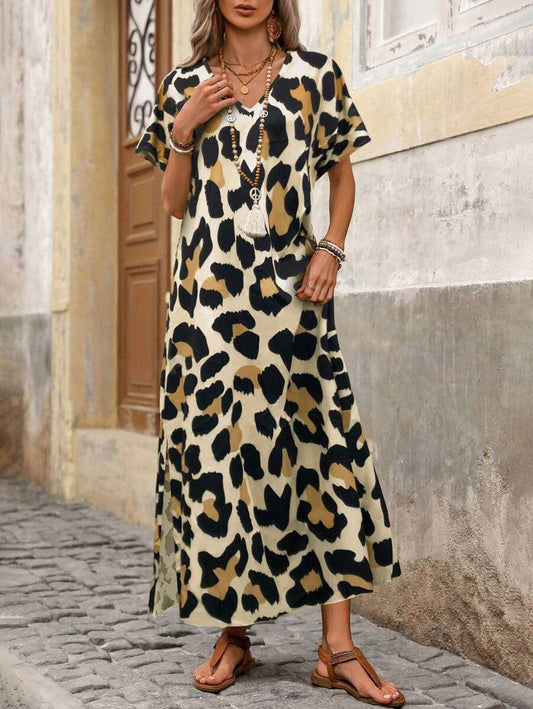 LUNE Autumn V-Neck Leopard Print High Slit Batwing Sleeve Dress