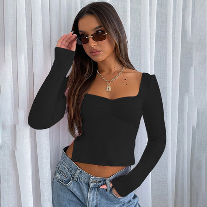 Spring/Autumn Sweetheart Collar Long Sleeve Ruched Side Slit Y2K Style Casual T-Shirt Top