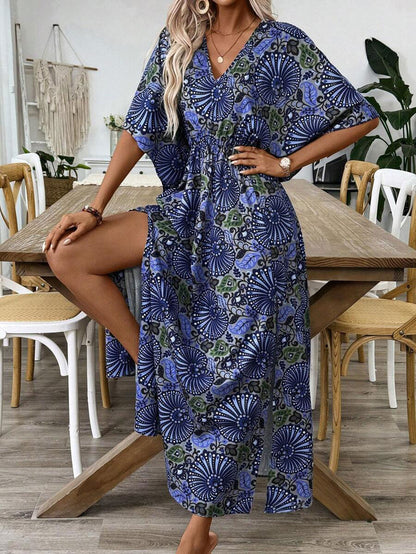 LUNE Bohemian Floral Printed Vacation Women's Batwing Sleeve V-Neck High Slit Beach Maxi Dress With Cinched Waist