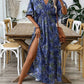 LUNE Bohemian Floral Printed Vacation Women's Batwing Sleeve V-Neck High Slit Beach Maxi Dress With Cinched Waist