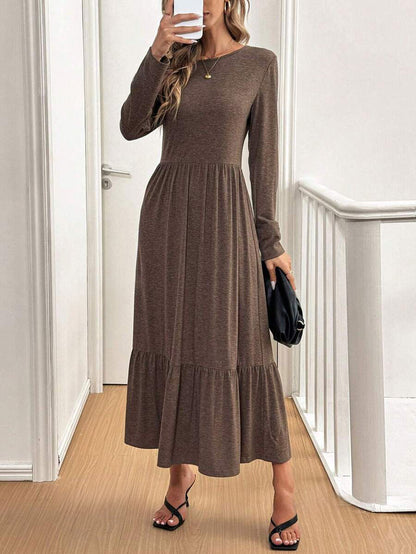 LUNE Crew Neck Long Sleeve Maxi Mocha Brown Dress