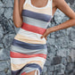 LUNE Women's Summer Sleeveless U-Neck Drawstring Tie Pleated Colorful Striped Casual Vacation