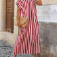 LUNE Spring And Summer Casual Loose V-Neck Striped Side Split Dress With Cover Up For Women