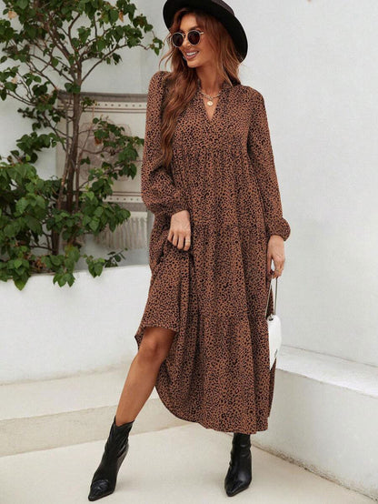 LUNE Women's Random Printed V-Neck Long Sleeve Dress