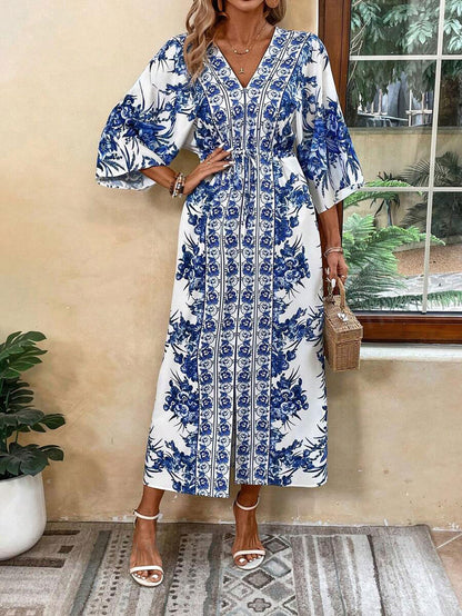 VCAY Women Floral Printed Batwing Sleeve Waist Belted Slit Long Vacation Casual Dress