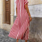 LUNE Spring And Summer Casual Loose V-Neck Striped Side Split Dress With Cover Up For Women