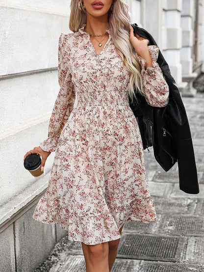 LUNE Ditsy Floral Print Flounce Sleeve Ruffle Hem Dress