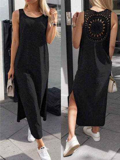 LUNE Summer Casual Solid Color Lace Splicing Sleeveless Side Slit Dress