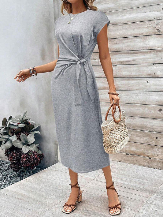 LUNE Round Neck Batwing Sleeve Slim Fit Long Dress With Side Tied Straps