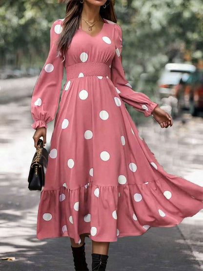 LUNE Polka Dot Printed V-Neck Flare Sleeve Dress