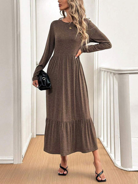 LUNE Crew Neck Long Sleeve Maxi Mocha Brown Dress