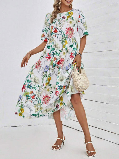 LUNE Floral Print Puff Sleeve Ruffle Hem Dress