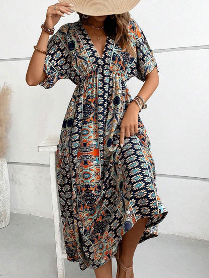 VCAY Allover Print Batwing Sleeve A-line Dress