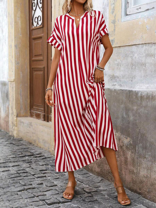 LUNE Spring And Summer Casual Loose V-Neck Striped Side Split Dress With Cover Up For Women