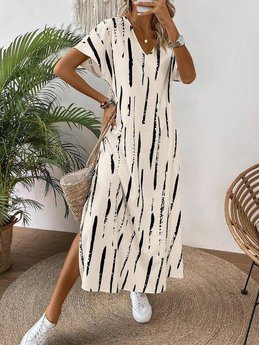 LUNE Women's Striped Print Side Slit Batwing Sleeve Dress