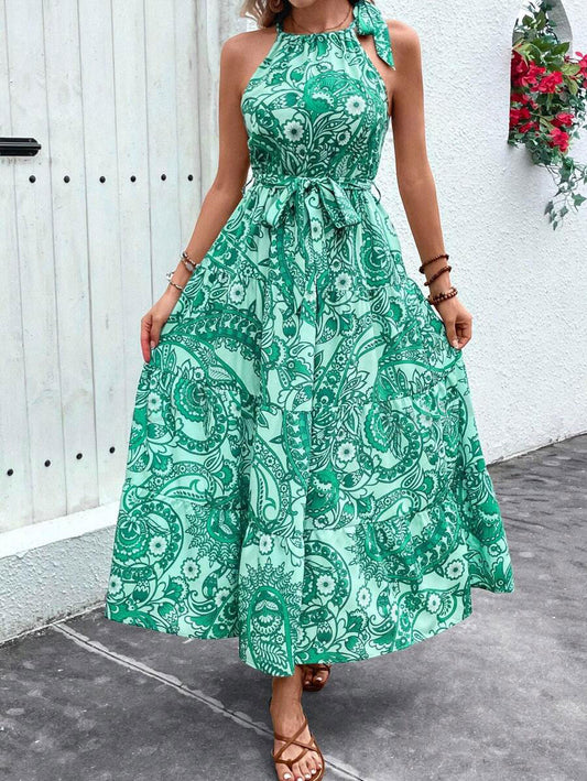 LUNE Green Halter Retro Long Dress With Tassel And Flower Embellishment, Perfect For Vacation