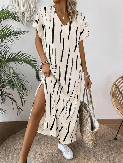 LUNE Women's Striped Print Side Slit Batwing Sleeve Dress