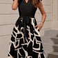 Clasi Graphic Print Notched Neckline Butterfly Sleeve Belted Dress Ruffle Skirt