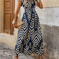 LUNE Women Summer Geometric Printed Cap Sleeves Dress With Waist Tie And Long Hem