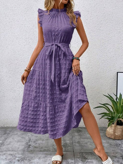 LUNE Frill Trim Belted Ruffle Hem Dress