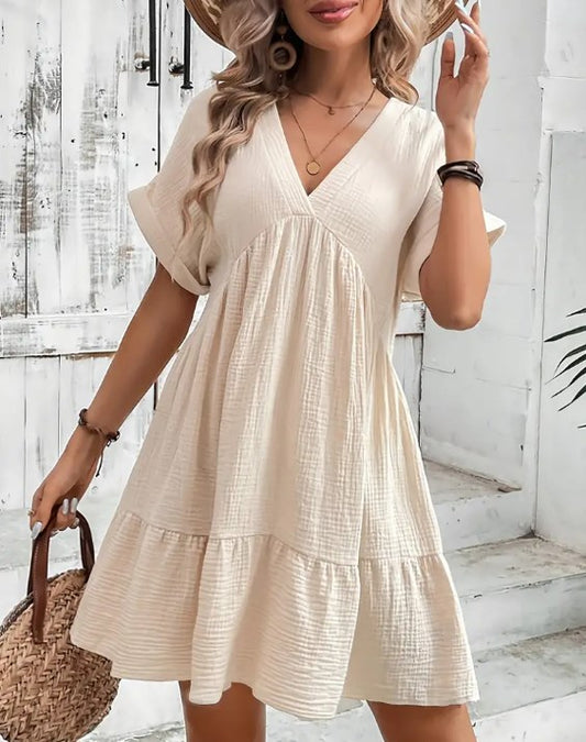 LUNE Ladies' Summer Super Skin-Friendly Doll Version V-Neck Bat Sleeve Short-Sleeved Cute Dress