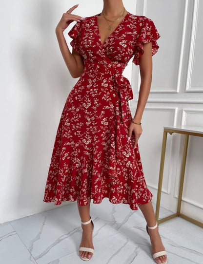 Privé Floral Print Butterfly Sleeve Knot Side Dress