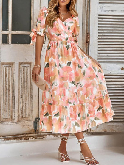 LUNE Women Summer Floral Print V-Neck With Tie Waist Sleeve Full Length Elegant Dress