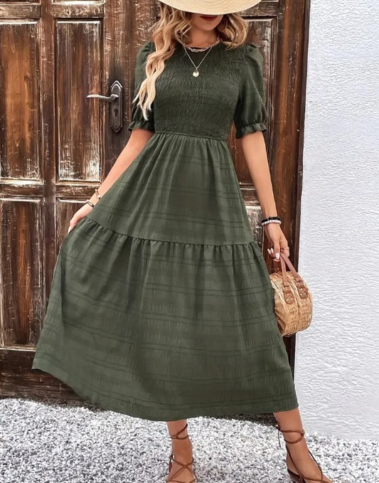 LUNE Puff Sleeve Shirred Ruffle Hem Dress