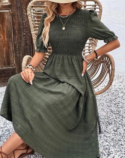 LUNE Puff Sleeve Shirred Ruffle Hem Dress