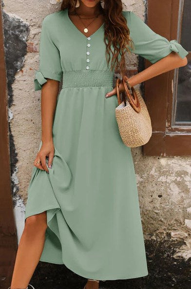 LUNE Button Down Half-placket Dress With Bow Decoration