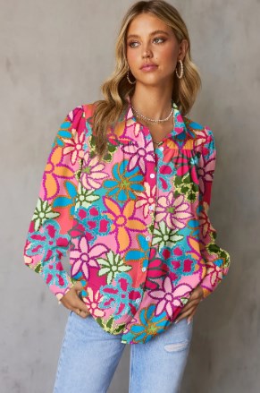 Essnce Plus Size Women's Floral Printed Long Sleeve Shirt With Front Buttons, Summer