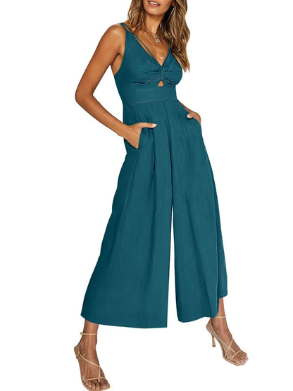 2023 New Summer V Neck Cutout Wide Leg Jumpsuits