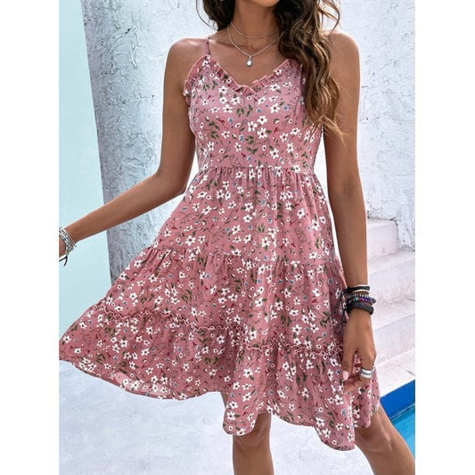 🔥Free shipping🔥V-neck small floral ruffle hem women's dresses